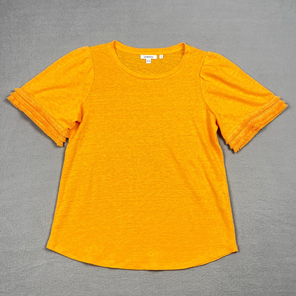 Chico's 100% Linen Puff Short Sleeve Fringe Mustard Yellow Tee Top Women's S